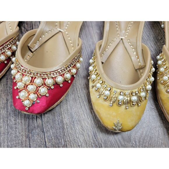 Soma Hand Artisan Made Leather Beaded Velour Pakistan Shoes 6 Flats Red Yellow - Picture 4 of 13